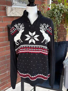 Chaps Black Festive Reindeer Holiday Mock Neck Sweater